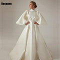 High Collar Ivory A-line Wedding Dresses Fold Puff Sleeve Satin Draped Pleat Bride Gown Floor Length robe de mariée