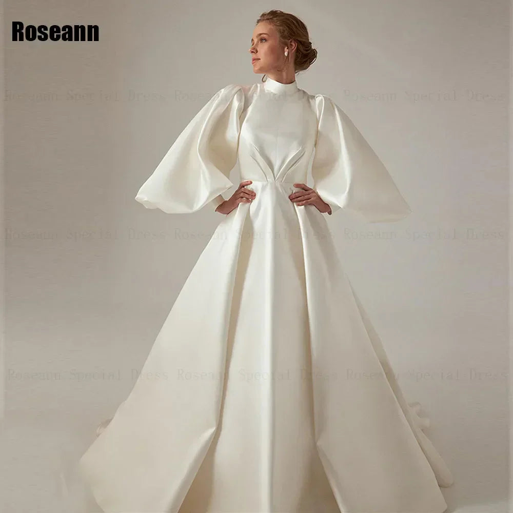 High Collar Ivory A-line Wedding Dresses Fold Puff Sleeve Satin Draped Pleat Bride Gown Floor Length robe de mariée