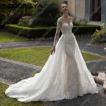 RODDRSYA Romantic V-Neck Appliques Mermaid Wedding Dress Elegant Long Sleeve Tulle Bridal Gowns New Detachable Train Bride Party