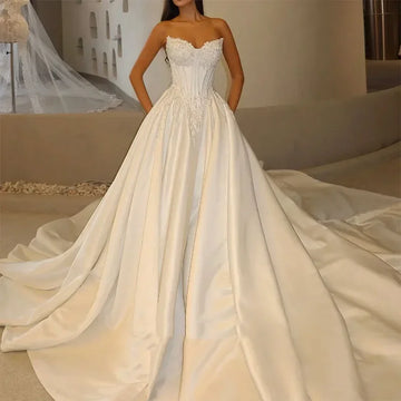 Customized Elegant Lace Applique Princess Wedding Dresses Pearls Women Bride Dresses Satin Ball Gown vestidos de novia