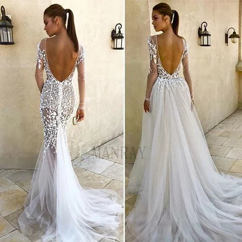 Deep V-neck detachable sweep train backless lace mermaid bride wedding dress front view