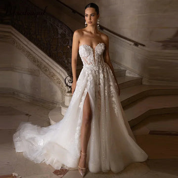 Customized Charming Sexy Slit Wedding Dresses for Women Lace Appliques Sequined Sweetheart A-Line Vestidos De Novia