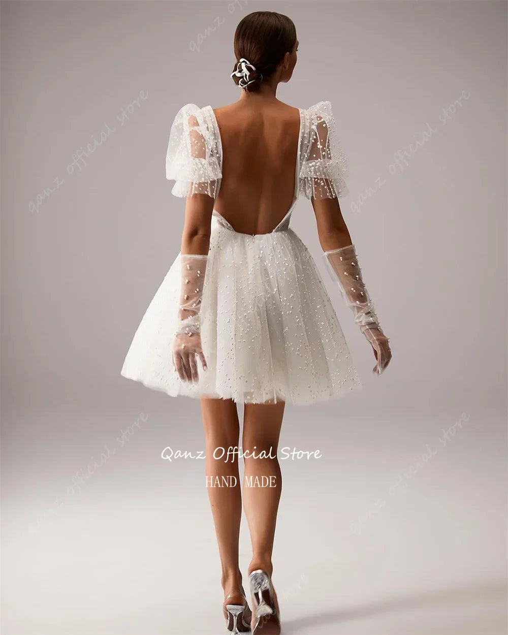 Qanz Boho Wedding Dresses Tulle Puff Sleeves Short Wedding Party Dress A Line Backlessdress Bride Birthday Dresses Luxur