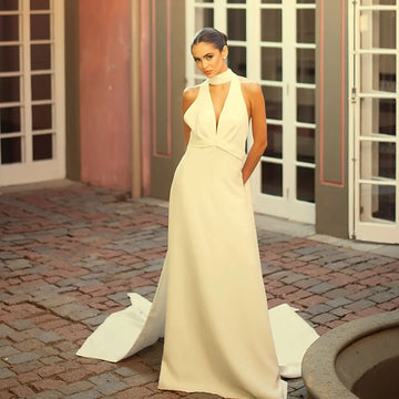 Vintage V-Neck Evening Wedding Dress Fashion Backless Sleeveless Halter Cape Brides Dress Pockets Bridal Gown Customized