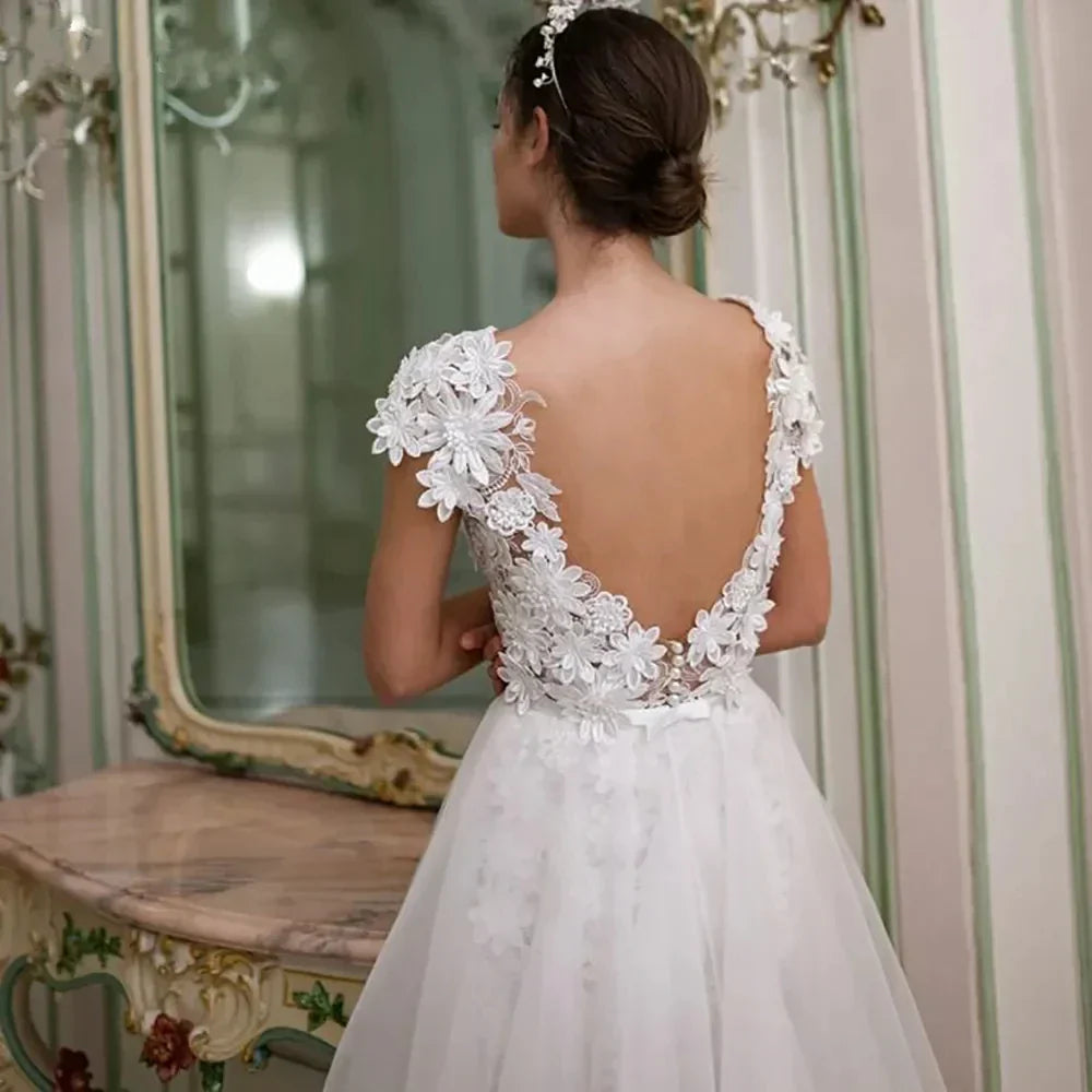 Modern Wedding Dresses 3D Flowers Lace Detachable Train Bridal Robes High Low Elegant Gowns For Brides Vestidos De Novia