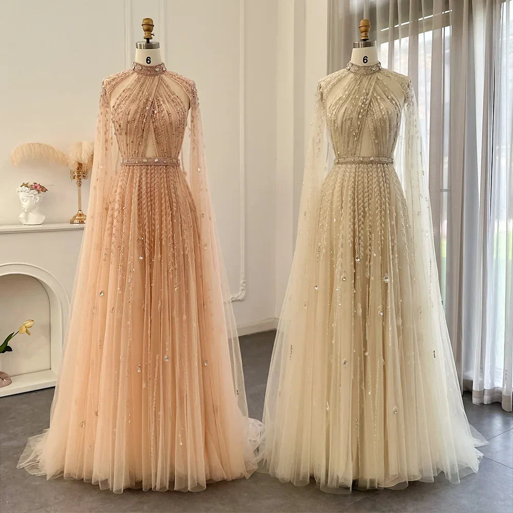 Sharon Said Luxury Dubai Champagne Evening Dresses with Cape Sleeves Elegant Arabic Formal Dress Women Wedding Party Gowns SS495