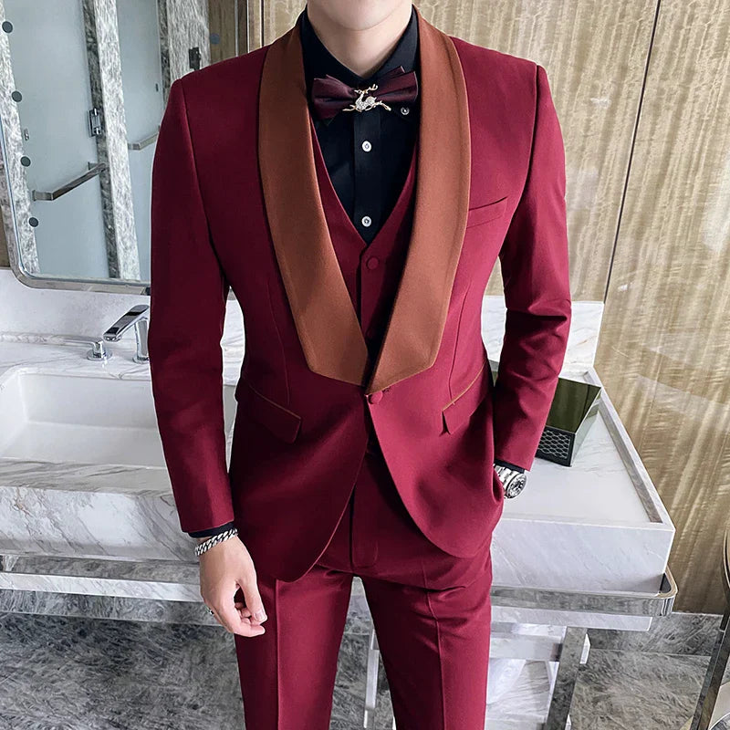 Fashion groom 3 piece blazer vest pants wedding tuxedo banquet formal business men suit side view