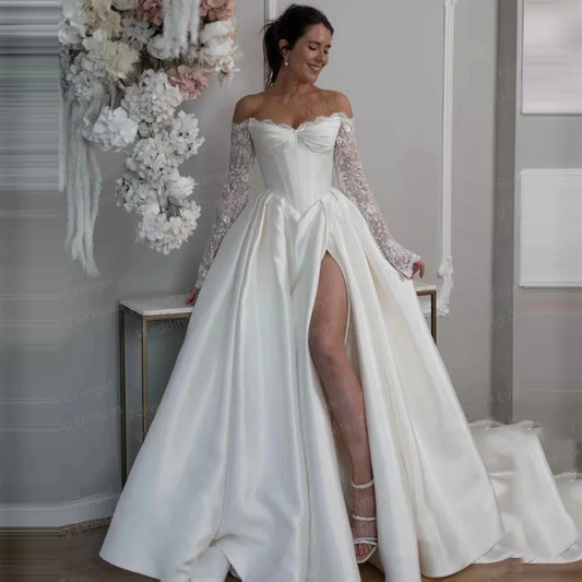 Cathy White Lace Long Sleeves Side Slit Satin Wedding Dresses Strapless A-line vestidos de noche Floor-Length Formal Evening