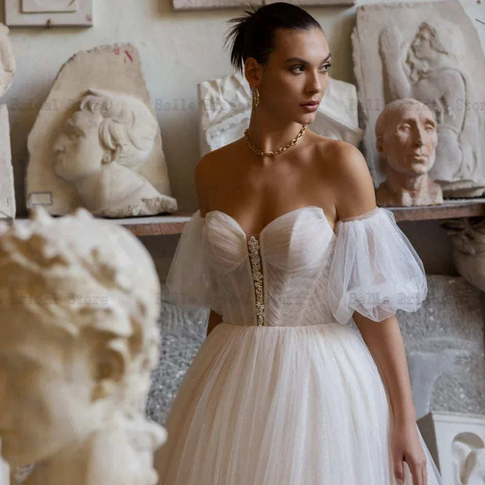 Simple Ivory Wedding Dresses Sweetheart Neck Detachable Sleeves A-Line Bridal Growns Pleat Sweep Train свадебное платье