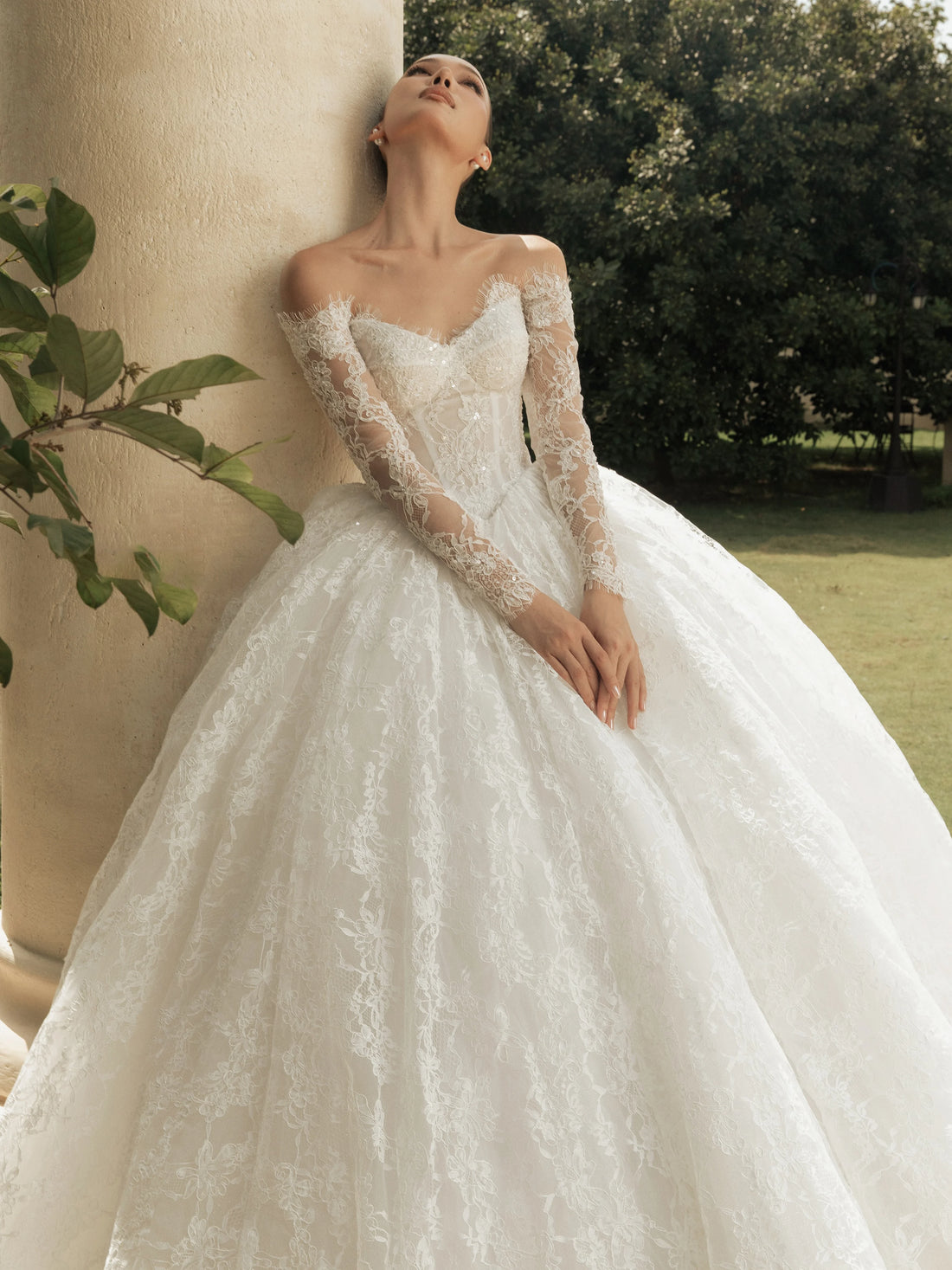 Off-shoulder long sleeve A-line lace wedding dress – front view – Snowy Bridal