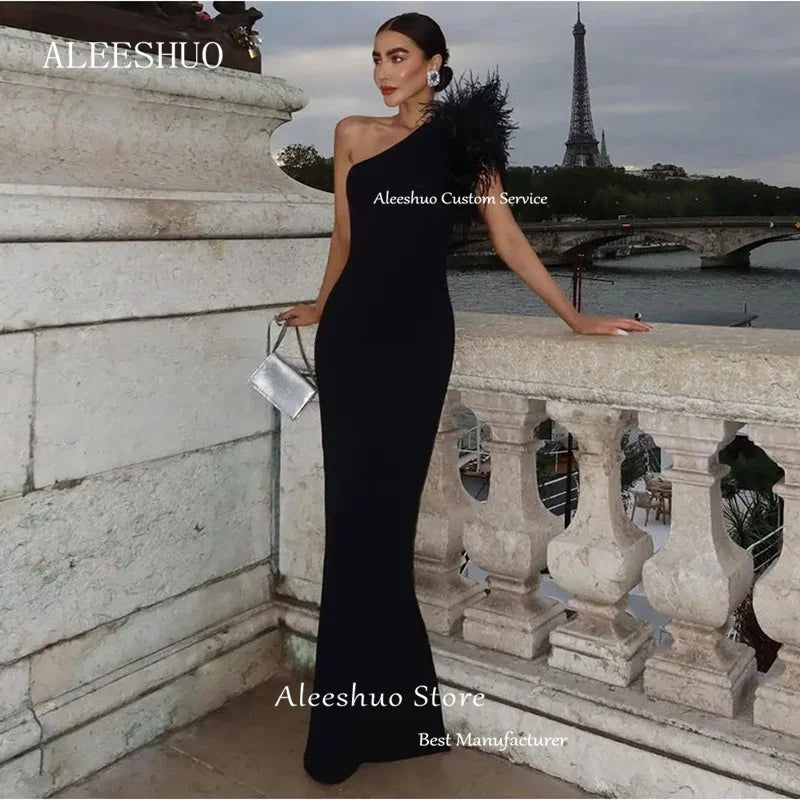 Aleeshuo Elegant Black Mermaid Formal Prom Dress Feathers One Shoulder Sleeveless Evening Dress Party Gowns Saudi Arabia