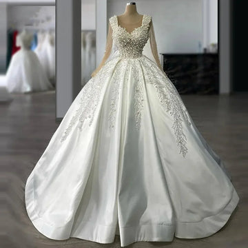New Princess Wedding Dresses Illusion Full Sleeve Ball Gown Pearls Beaded Applique Vestidos De Novia Amanda Novias Officia Custo