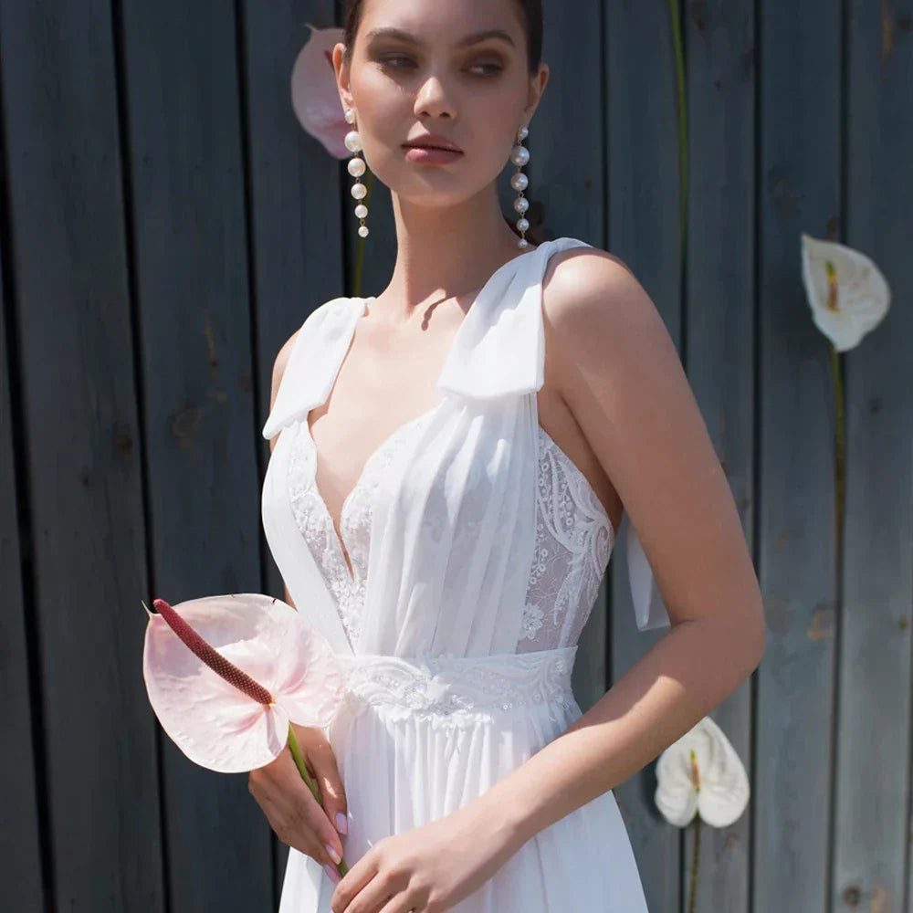 Elegant White Chiffon Wedding Dresses V Neck Sleeveless Bridal Gowns Lace Bow Backless Sweep Train A-Lin Vestidos De Novia