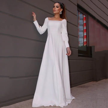 Simple Wedding Dresses Button Long Sleeve Bridal Dresses Women Square Neck Wedding Ceremony Party Dress for Brides Customized