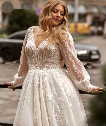 Elegant Plus Size Wedding Dress for Woman A-line Tulle Lace Beading Appliques Long Sleeve Bridal Gown Luxury Robe de Mariee