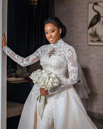 Graceful Lace A Line Wedding Dresses Beaded High Neck Plus Size Bridal Gowns Detachable Train Applique Long Sleeves Tulle