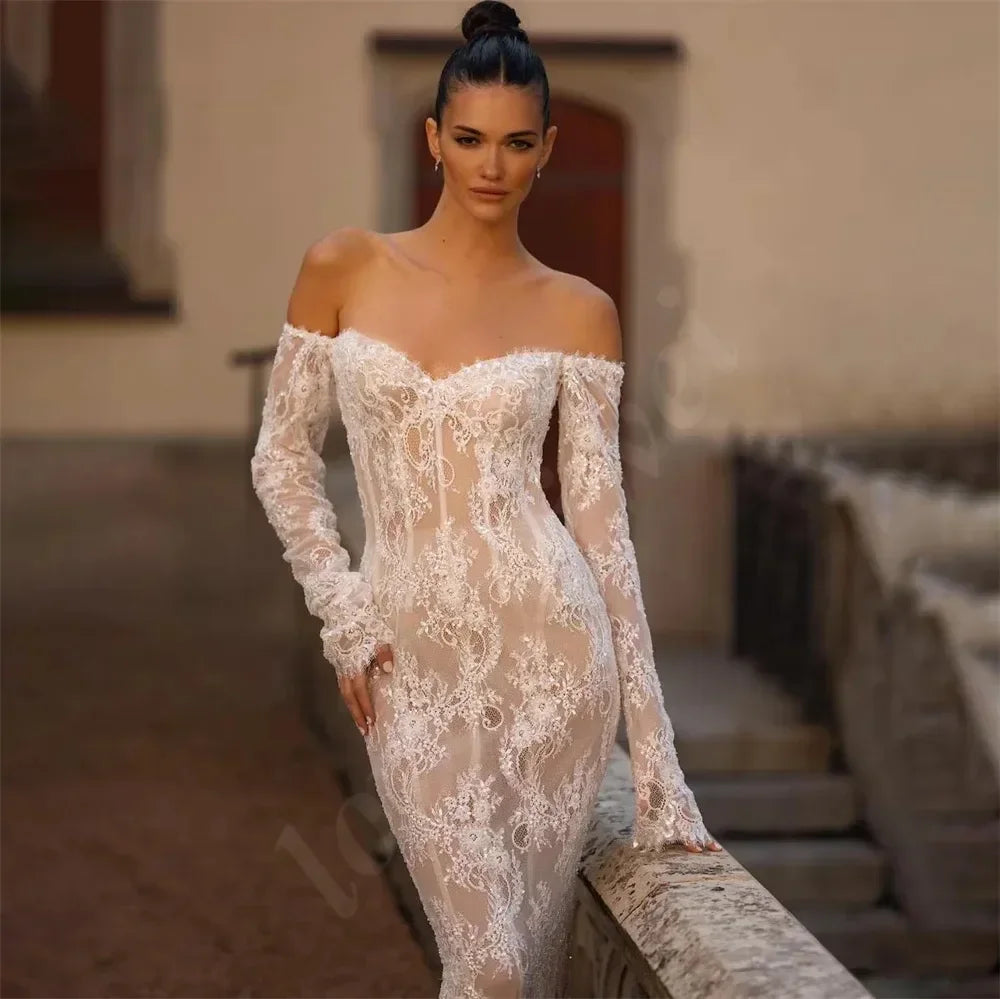 Sexy Backless Lace Mermaid Wedding Dresses Off The Shoulder Long Sleeves Bridal Gowns Illusion Champagne Lining Bride Dress 2026