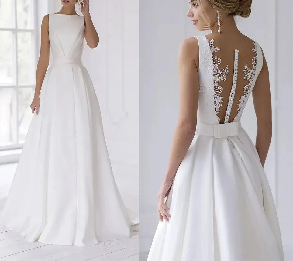 New arrival boat neck sleeveless lace appliques button back A-line formal wedding dress bridal gown