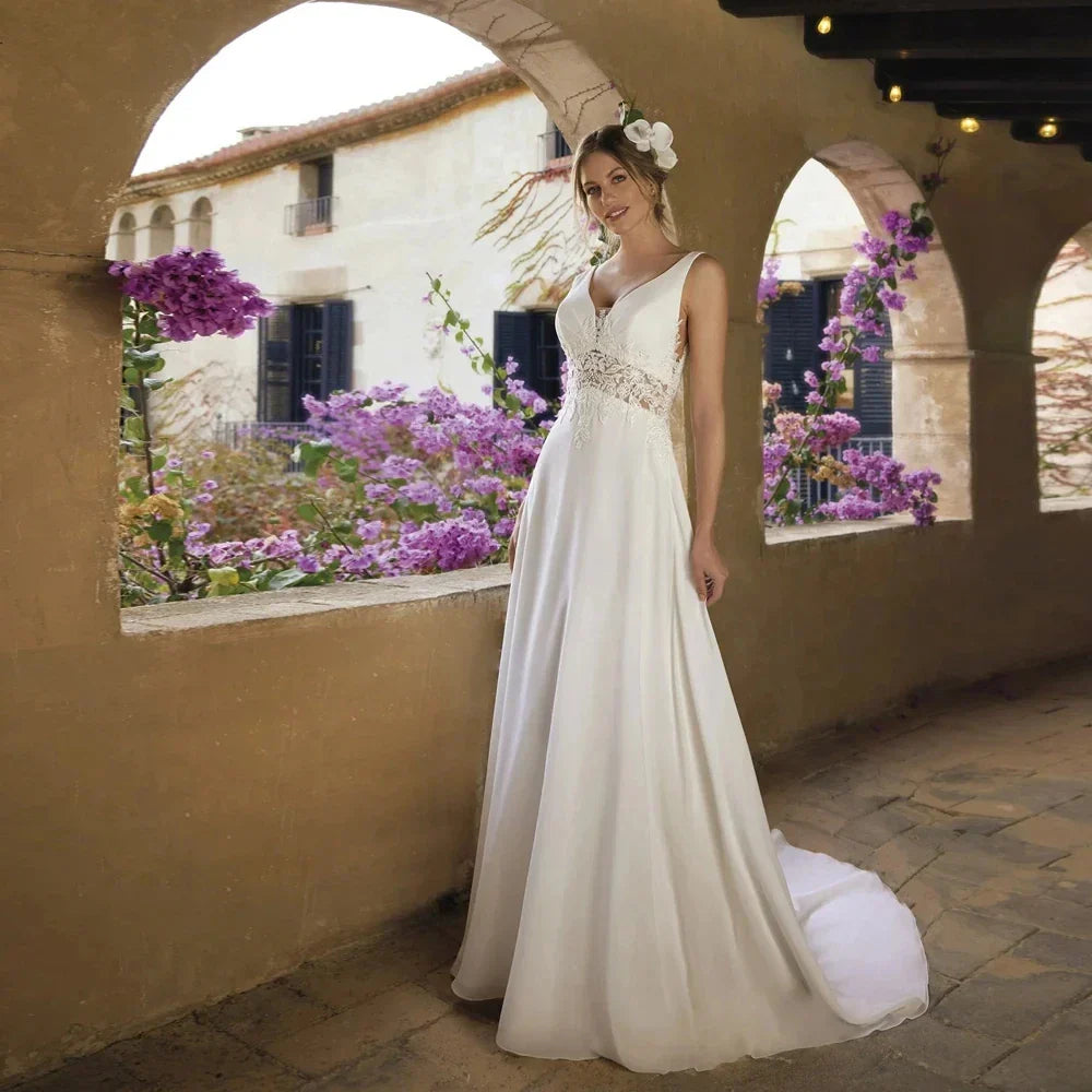 Classic spaghetti straps wedding dress 2026 A-line V-neck chiffon applique lace sequined illusion