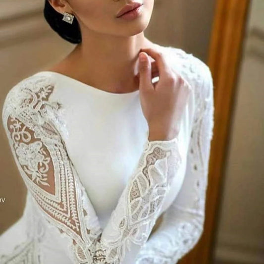 Real Photo Cathedral Cutout Lace Mermaid Bridal Gowns Buttons Long Sleeve Customized Maxi Thick Satin Court Train Wedding Dress