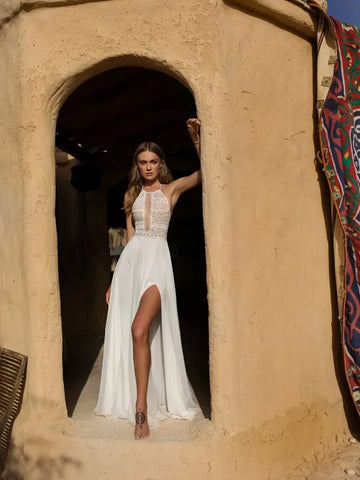 Boho sexy backless halter neck split A-line beach bridal party gown front view