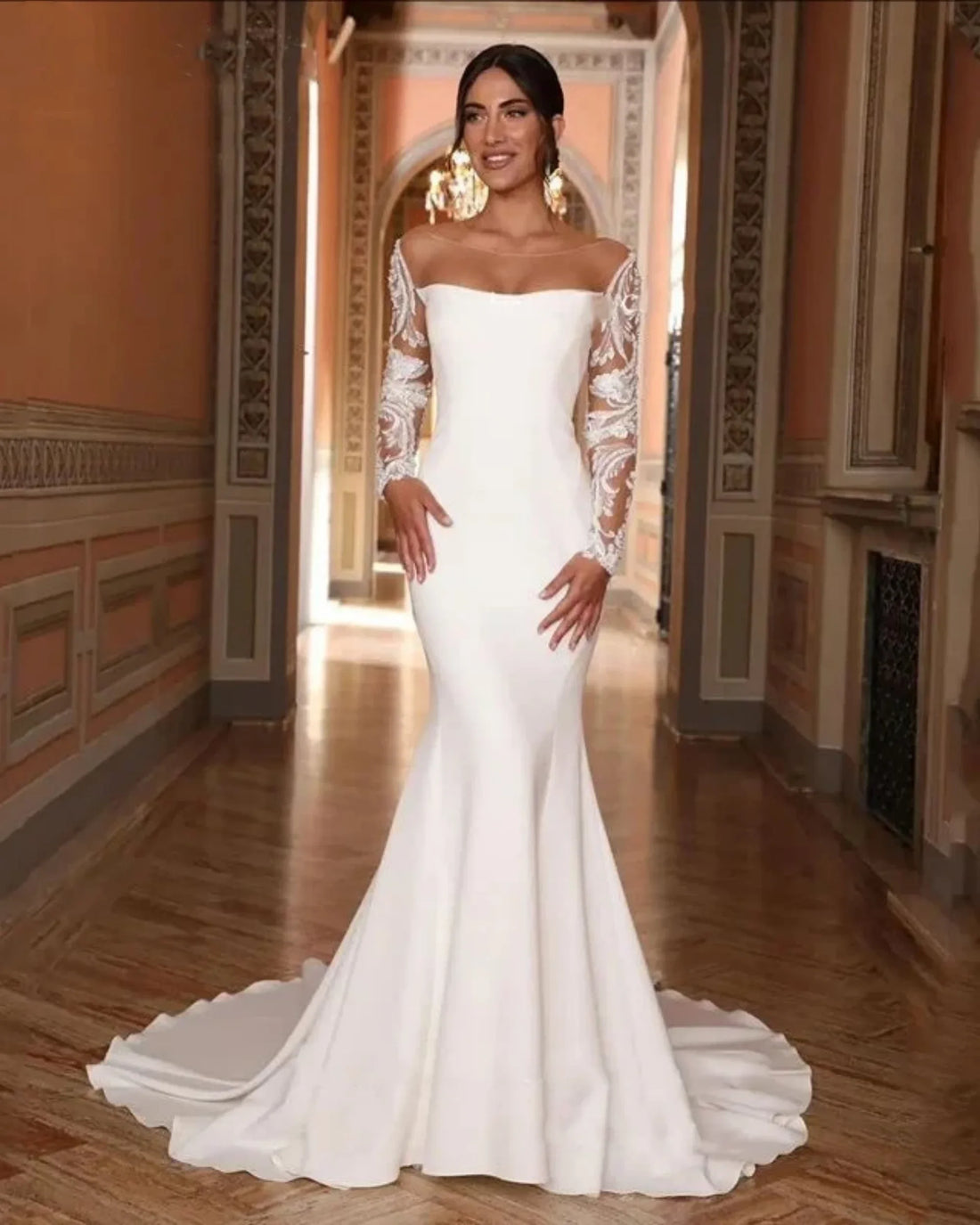 Lace appliques mermaid wedding dress sexy open back button bridal gown long sleeves