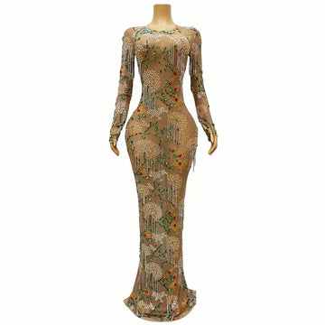 Women Luxury Crystal Diamond Stretch Long Dress Elegant Party Birthday Celebration Costume Shiny Stage Performance Costume