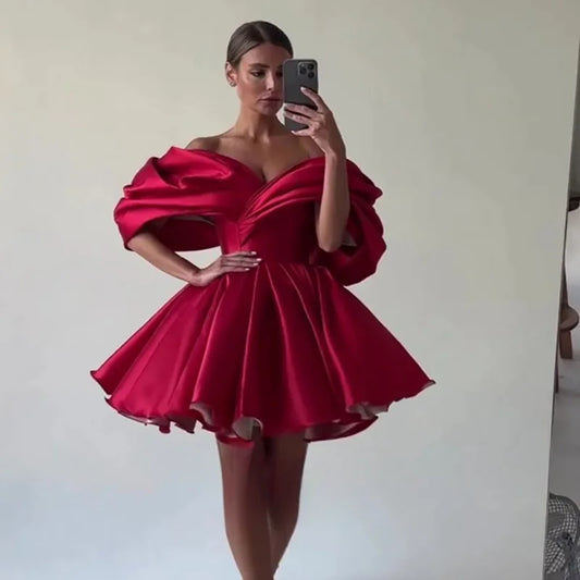 Stain Mini Prom Dresses Off Shoulder Pleat Lace Up Ball Gowns A Line Homecoming Cocktail Dresses Celebrate Prom Gown Customized