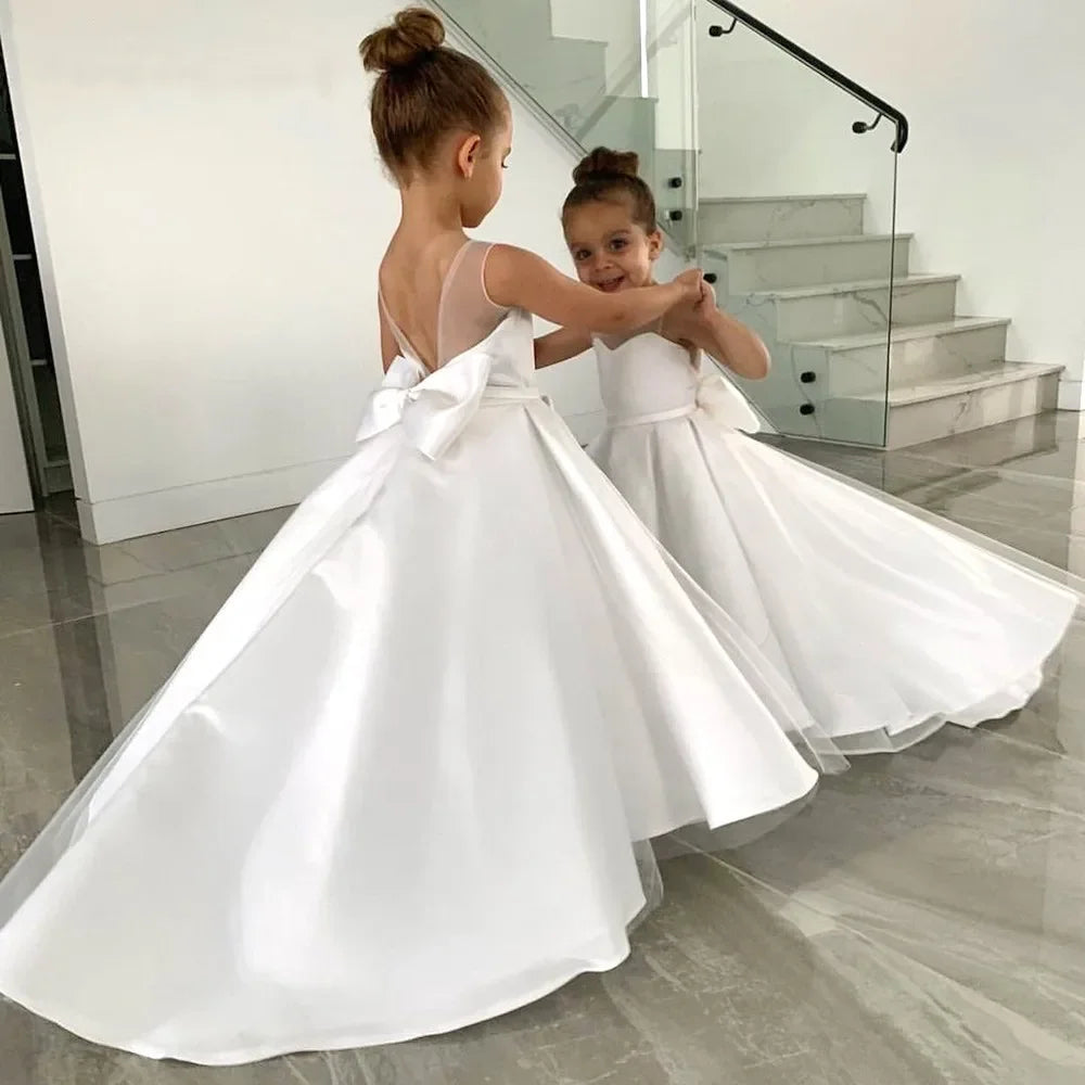Customized White Child Flower Girl Dresses for Weddings Satin A-line Tulle Bow Long Bridesmaid Pageant Robe First Communion Gown