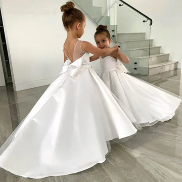 Customized White Child Flower Girl Dresses for Weddings Satin A-line Tulle Bow Long Bridesmaid Pageant Robe First Communion Gown