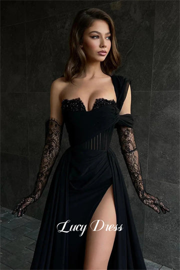 Lucy Satin Black Luxurious Evening Dress Bead Embroidery Decoration Dresses for Prom Long Wedding Party Sharon Happy New