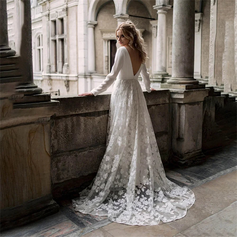 Flavinke Customized Satin A Line Wedding Dresses For Women V Neck Full Sleeve Bride Dresses Lace Bridal Gown Vestidos De Noiva