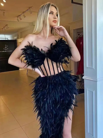 Women Black Tube Dress Luxury Prom Gowns High Quality Furry Asymmetric Bustier Dresses Ladies Celebrity Evening Party Going Out