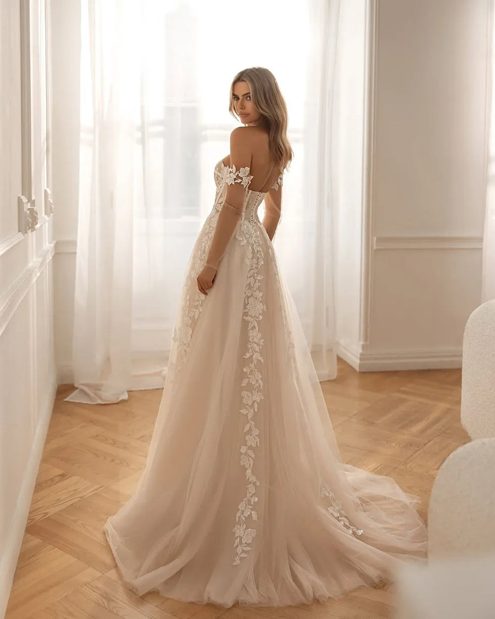 Customized Corset Wedding Dress Off Shoulder Vintage HighSlit Tulle Bridal Dress A Line Bride Gown Detachable Lace Sleeves