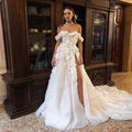 Lace Applique Wedding Dresses A-Line Sexy Mermaid Off The Shoulder Sleeveless High Slit Simple Mopping Bride Gowns Custom Made Beige