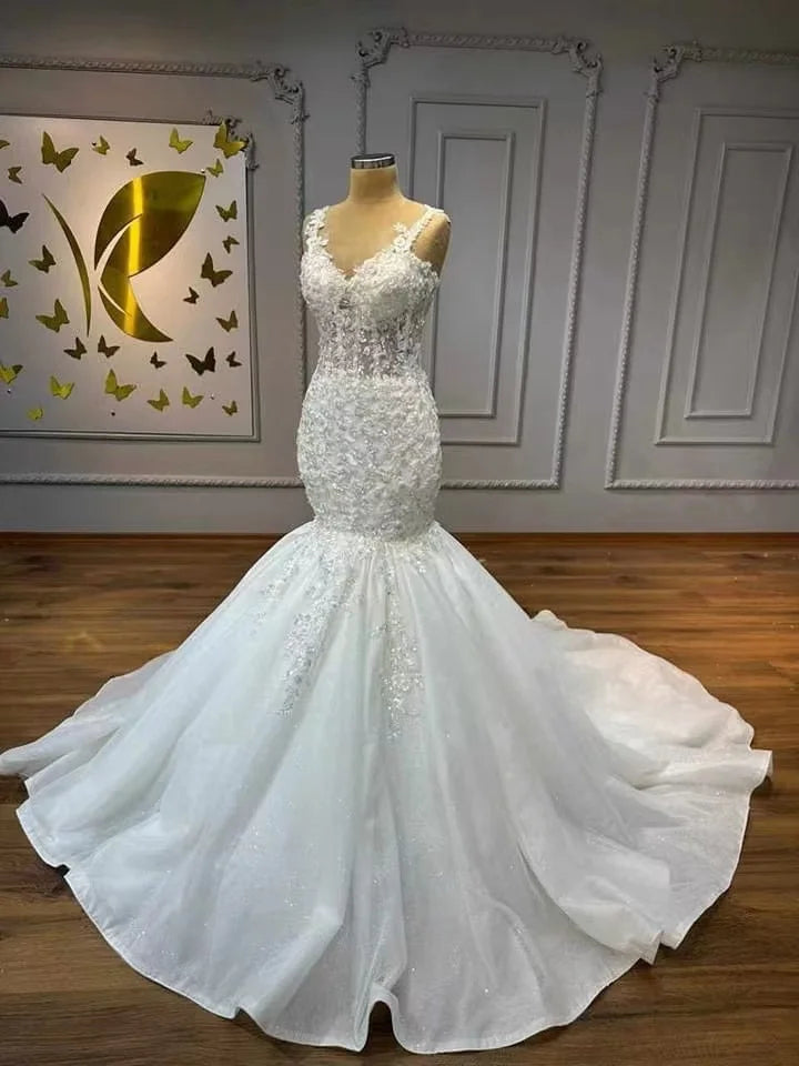 V Neck Wedding Dresses Women Spaghetti Strap Detachable Tail Bridal Gowns Lace Appliques Backless Robes Vestidos De Novia