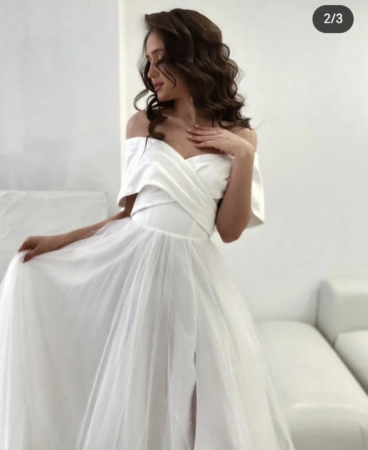 Customize To Measures 2025 Wedding Dress Tulle Organza Split Off The Shoulder A-Line Floor Length Stunning Bridal Gowns Elegant