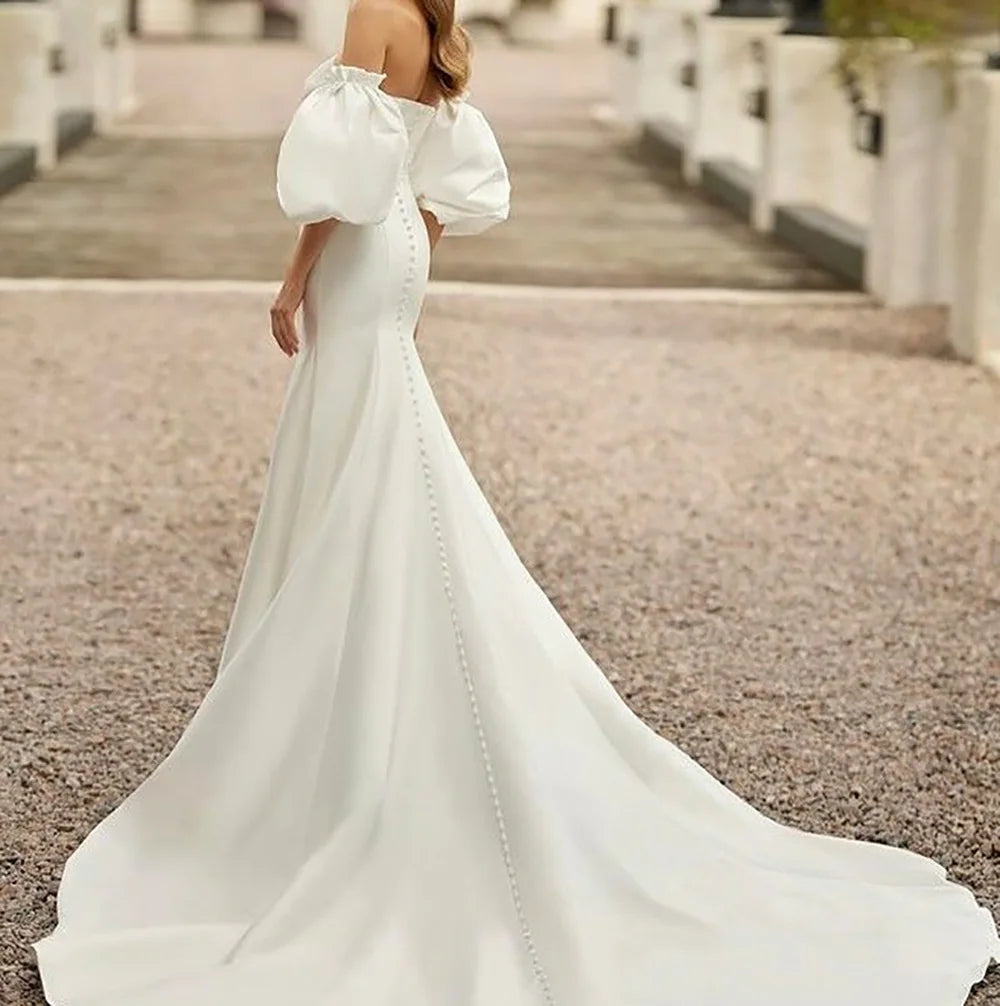 Mermaid Wedding Dresses Women Off Shoulder Puff Sleeve Satin Wedding Gown Buttons Bridal Dress Bride Gown Customized