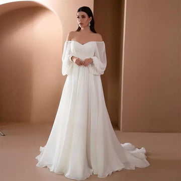 Simple Bohemian Wedding dress Sexy backless line neckline Long sleeve pleated A-line bridal dress Beach Outdoor Wedding