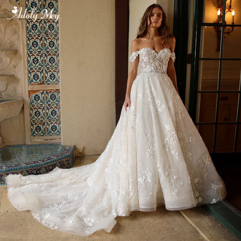 Luxury Sweetheart Neck Zipper Shine A-Line Wedding Dress 2024 Delicate Beading Appliques Off the Shoulder Princess Bridal Gown Red