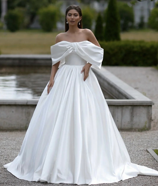 Customize To Measures A line Wedding Dress 2025 Ball Gowns Off The Shoulder Short Sleeves Pleat Soft Satin Stunning Elegant