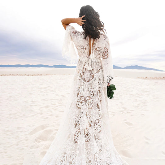 Customized Boho Lace Maternity Wedding Dress Beach Elopement Plus Size Long Flare Sleeves A Line Backless V Neck Bridal Gowns