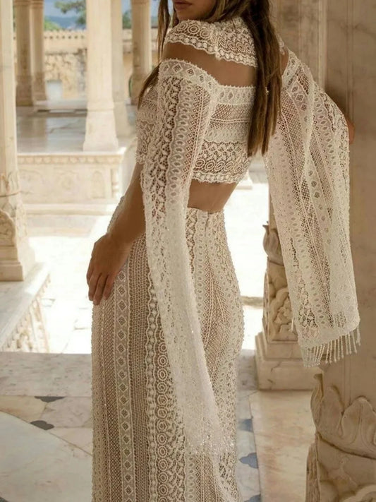 Boho High Neck Wedding Dress Two Pieces Straight Bridal Gown Romantic Lace Long Sleeve Bride Dresses Vestido De Novia