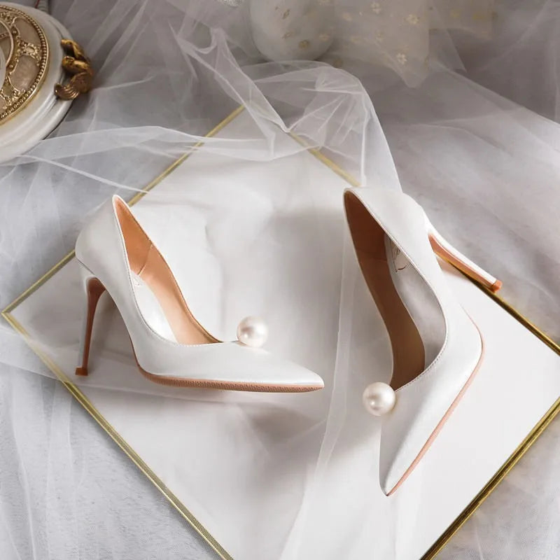 Summer New Elegant Ladies Bridal Wedding Party Shoes Pearl Satin Pumps Fashion Versatile Wedding High Heels Solid Color