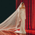 Mermaid lace elegant satin pleated long sleeved princess formal beach party wedding dress side view