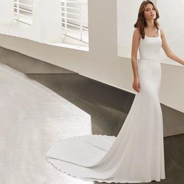 Simple square collar sleeveless backless slim floor length belt button custom wedding dress bridal gown