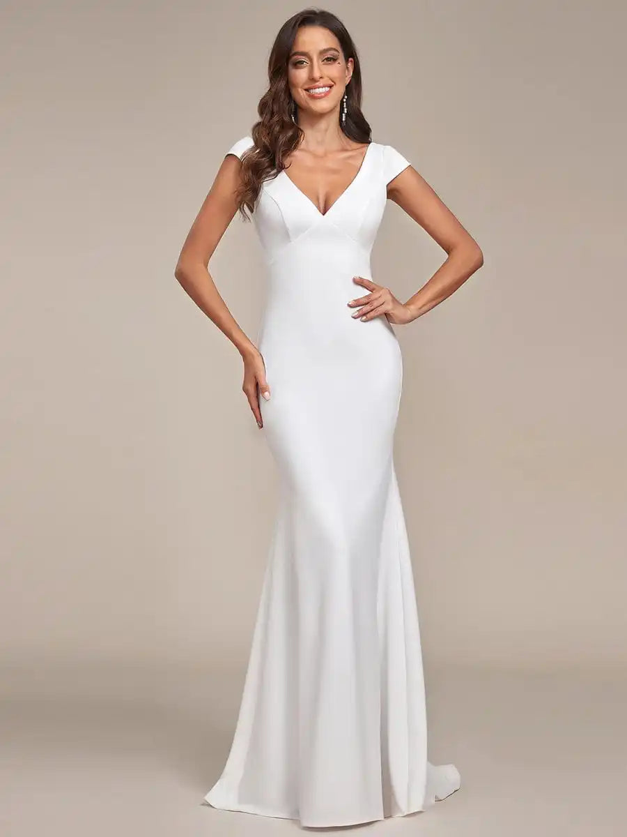 Elegant Wedding Dresses Cap Sleeve Deep V-Neck Backless Ever Pretty 2024 of Mermaid A-line Fishtail White Dresses