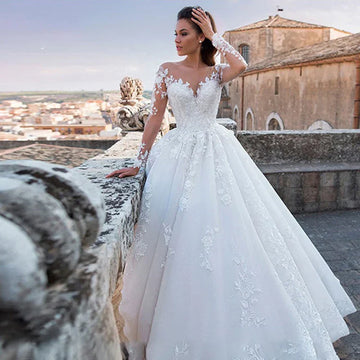 Long Sleeve Wedding Dress for Women Beaded Appliques Lace Up Sexy V-neck Princess Wedding Ball Gown Vestidos De Novia