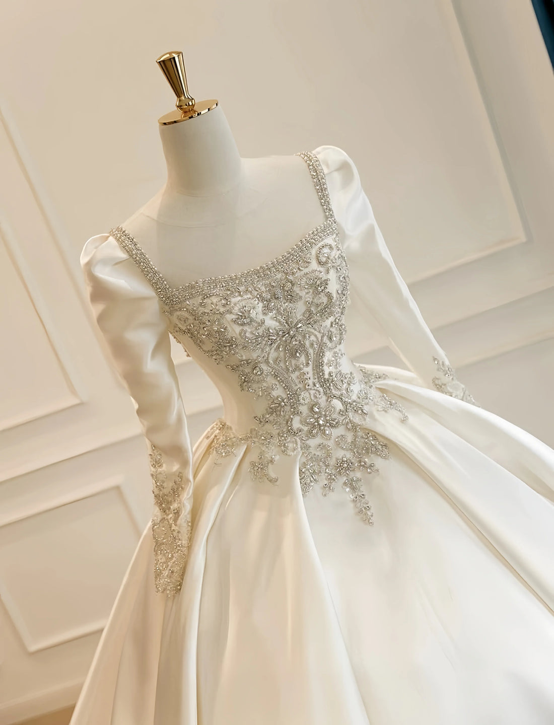 Customzied square collar long sleeve satin beaded wedding dress vestidos de novia amanda novias amanda novias official