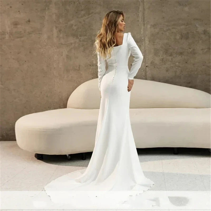 Elegant Satin Wedding Dresses For Women Long Sleeves Mermaid Square Collar Bridal Gowns Luxury Robes Vestidos De Novia